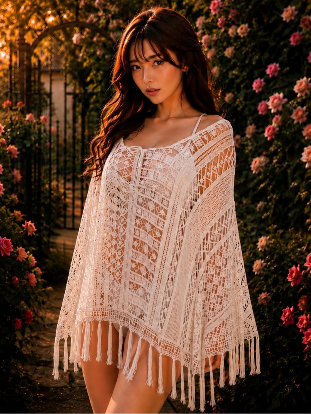 New boutique crochet knit slouchy layering fringed poncho coverup OS